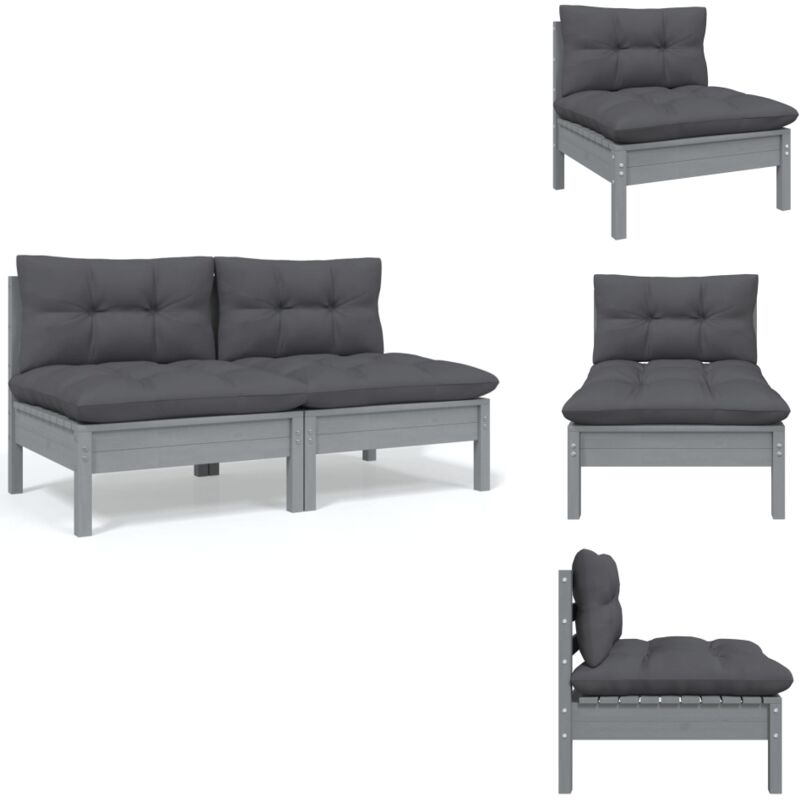 Canapé 2 places de jardin et coussins Gris Bois de pin solide - Canapé De Jardin - Mobilier De Jardin - Canapé Deux Places - Meubles De Terrasse