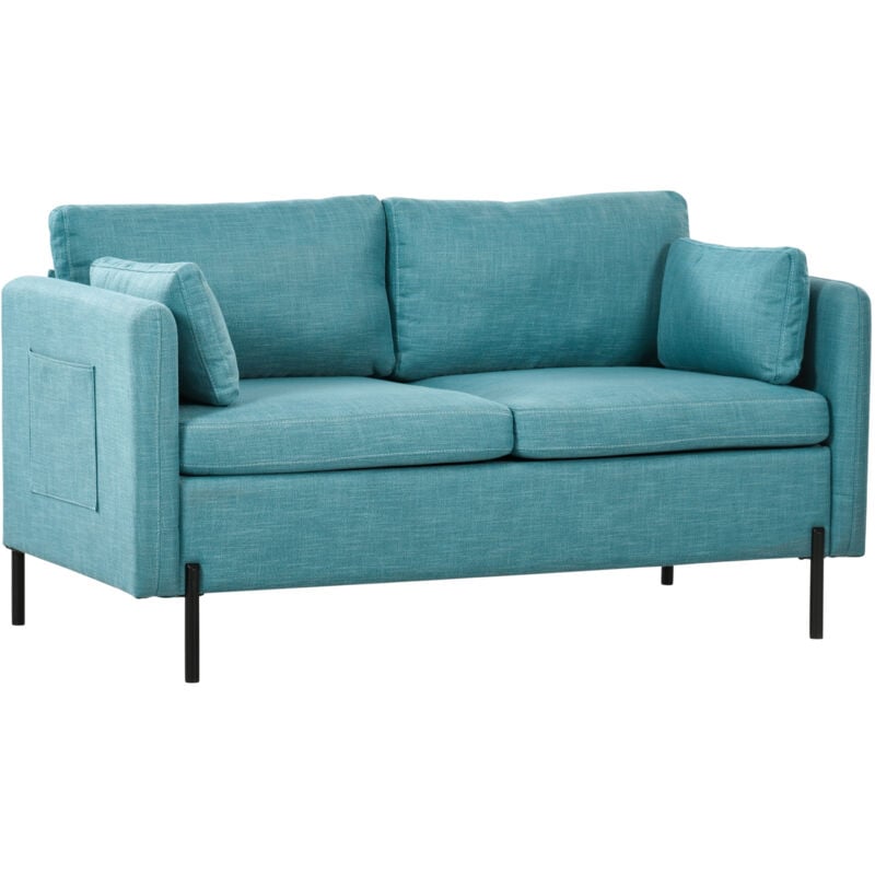 Homcom - Canapé 2 places design contemporain - 2 coussins déco, 2 pochettes - piètement acier noir tissu bleu
