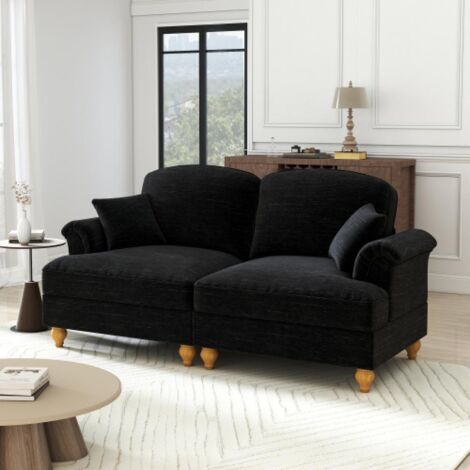 Canapé 2 places élégant style médiéval-moderne, accoudoirs évasés, volant amovible, pieds bois, tissu chenille