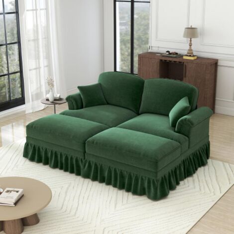 Canapé 2 places élégant style médiéval-moderne, accoudoirs évasés, volant amovible, pieds bois, tissu chenille