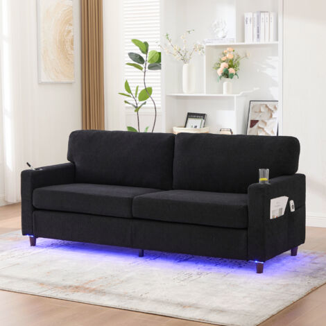 Canapé 2 places en chenille avec USB-C, LED, porte-gobelets et poches – Noir