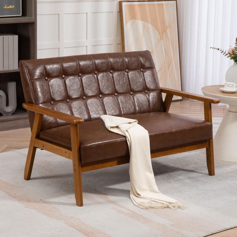 Canapé 2 places en PU,Fauteuil Loveseat en bois massif pour salon, chambre, bureau,Design vintage,114 x 73.5 x 75cm,Marron