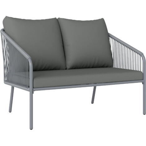 Canapé 2 places en rotin avec coussins gris pour jardin et balcon 112 x 72 x 76 cm