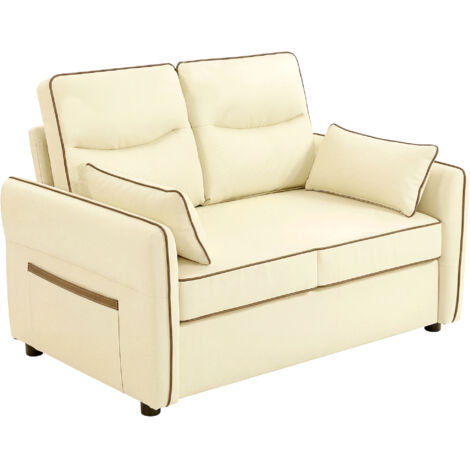 Canapé 2 places en similicuir beige, rembourrage épais, poche latérale et 2 coussins inclus, 136 x 81 x 90 cm.