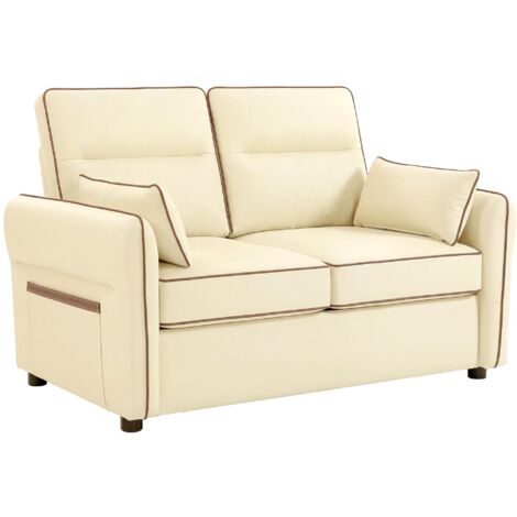 Canapé 2 places en similicuir beige, rembourrage épais, poche latérale et 2 coussins inclus, 136 x 81 x 90 cm.