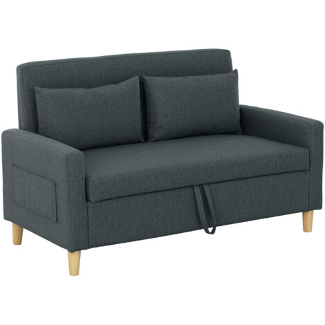 Canapé 2 places en tissu, accoudoirs, 2 coussins amovibles, rangement, poches latérales, pieds bois, 135x72x84cm, gris