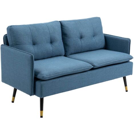 Canapé 2 places en tissu avec coussins rembourrés et pieds en acier, 139 x 68 x 80 cm, bleu foncé