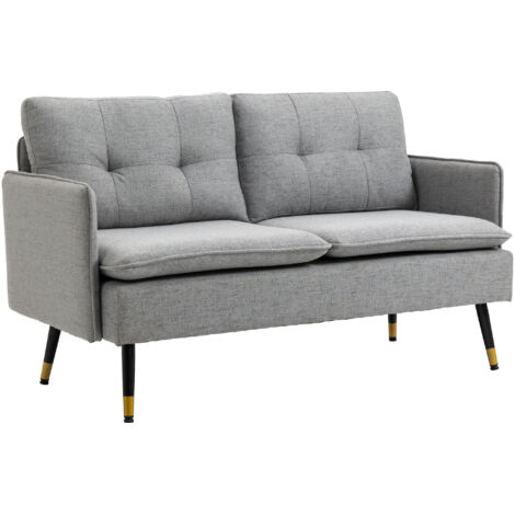 Canapé 2 places en tissu avec coussins rembourrés et pieds en acier, 139 x 68 x 80 cm, gris