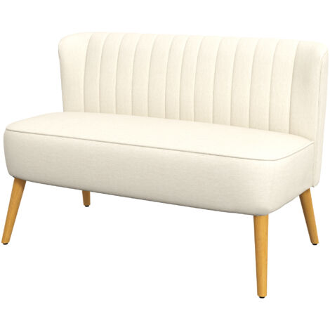 Canapé 2 places en tissu effet lin, sans accoudoirs, pieds en bois, 117 x 56,5 x 77 cm, blanc crème