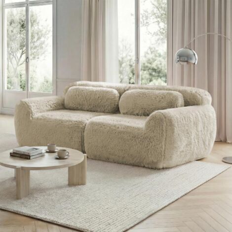 Canapé 2 places en tissu plush, modulable sans cadre, combinable librement, coussins inclus, mousse haute élasticité