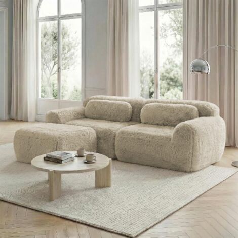 Canapé 2 places en tissu plush, modulable sans cadre, combinable librement, coussins inclus, mousse haute élasticité