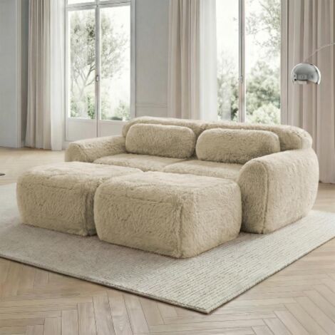 Canapé 2 places en tissu plush, modulable sans cadre, combinable librement, coussins inclus, mousse haute élasticité