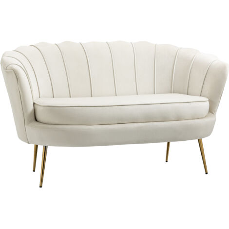 Canapé 2 places en tissu velours, petit canapé, en forme de coquillage, avec coussin épais de 10 cm, canapé, structure en métal, pieds dorés effilés, facile à assembler, crème