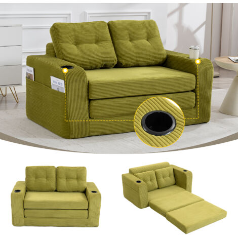 Canapé 2 places en velours côtelé avec porte-gobelets et poches latérales, fauteuil convertible double sans cadre, canapé-pouf rembourré à coussins matelassés et dossier, grand sofa en tissu (Velours 