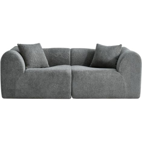Canapé 2 places en velours gris avec coussins, design minimaliste compressé