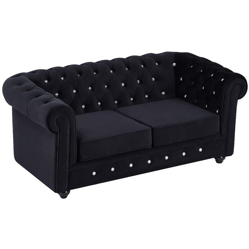 Vente-unique - Canapé 2 places en velours noir et boutons effet cristal chesterfield