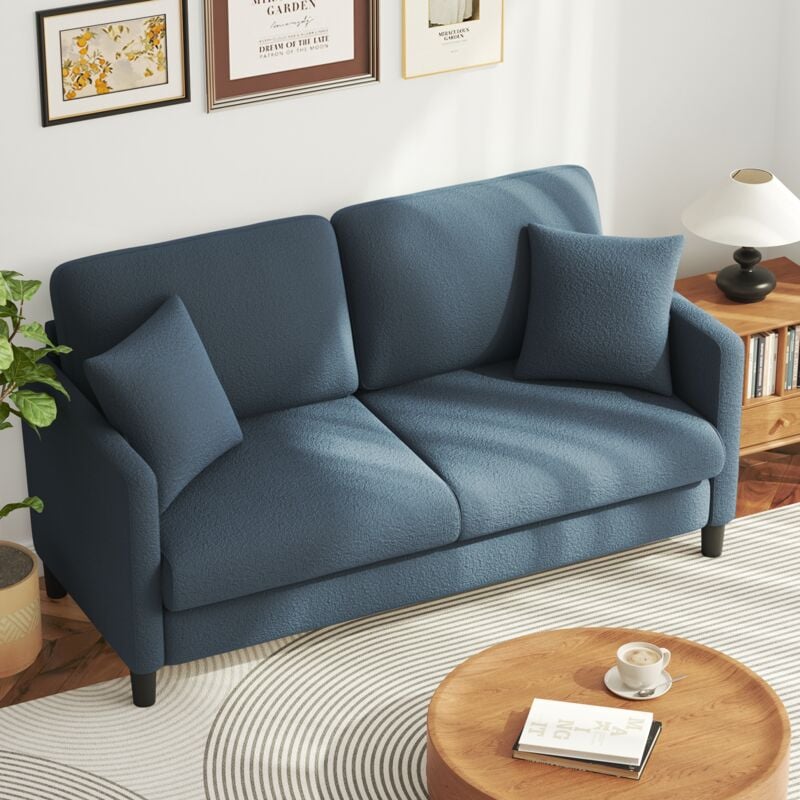 Canapé 2 Places en Velours Teddy,Canapé Droit Confort en Bois Massif,Loveseat avec Accoudoirs,165 x 78 x 89cm,Bleu Gris