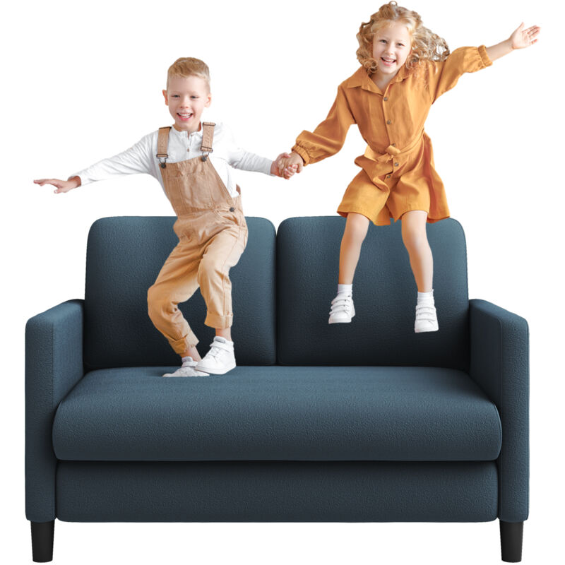 Canapé 2 Places en Velours Teddy,Mini Canapé Droit Confort en Bois Massif,Loveseat avec Accoudoirs,128x78x89cm,Bleu-Gris