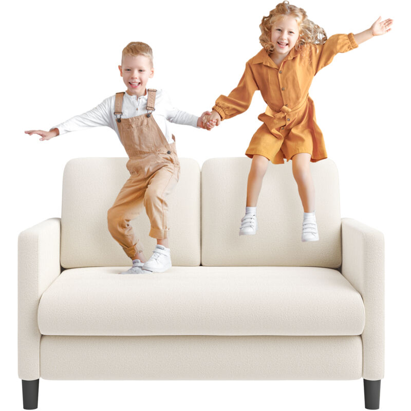 Yoleo – Canapé droit 2 places en velours teddy – Dimensions 128x78x89cm – Accoudoirs en bois massif – Confort optimal pour petits espaces