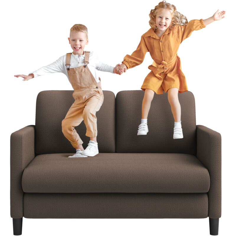 Yoleo - Canapé 2 Places en Velours Teddy,Mini Canapé Droit Confort en Bois Massif,Loveseat avec Accoudoirs,128x78x89cm,Marron