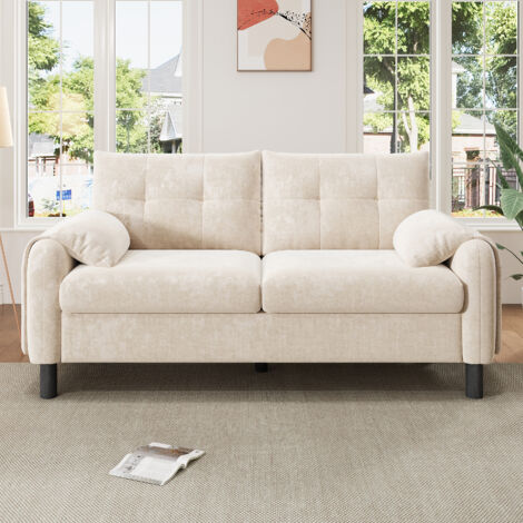Canapé 2 places moderne, confortable et revêtu de tissu chenille avec des coussins épais, idéal pour le salon, la chambre ou un petit appartement. Mobilier rembourré de style scandinave, couleur beige
