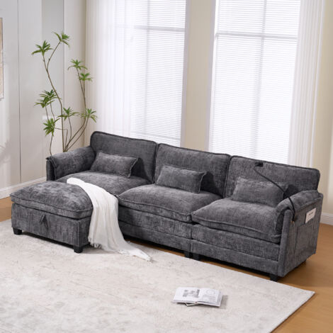 Canapé 2 places moderne en chenille avec mousse mémoire de forme et pouf – Gris