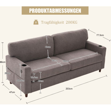 Canapé 2 places moderne en chenille avec port USB-C, éclairage LED, porte-gobelets et poches latérales. Structure en bois et métal avec rembourrage en mousse confort. Idéal pour le salon, la chambre o