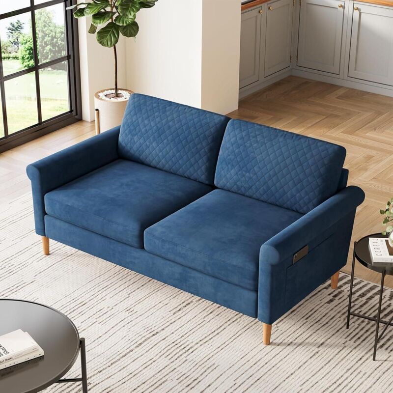 Yoleo - Canapé droit 2 Places Moderne en Velours,Canapé rembourré avec Poche de rangement,Pieds en Bois Massif,164 x 76 x 85 cm - Bleu