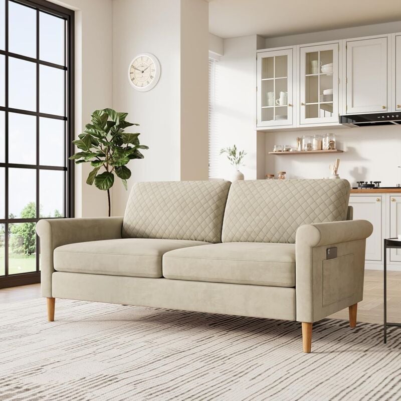 Yoleo - Canapé droit 2 Places Moderne en Velours,Canapé rembourré avec Poche de rangement,Pieds en Bois Massif,164 x 76 x 85 cm - Beige