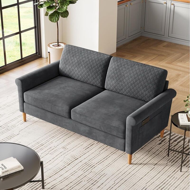 Canapé droit 2 Places Moderne en Velours,Canapé rembourré avec Poche de rangement,Pieds en Bois Massif,164 x 76 x 85 cm - Gris