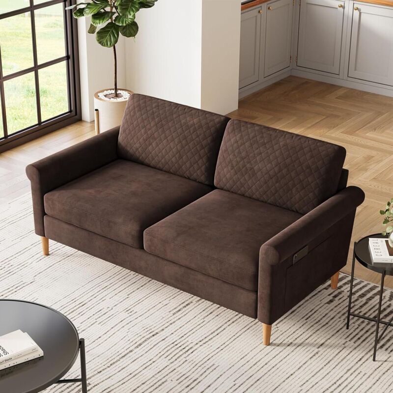 Canapé droit 2 Places Moderne en Velours,Canapé rembourré avec Poche de rangement,Pieds en Bois Massif,164 x 76 x 85 cm - Marron