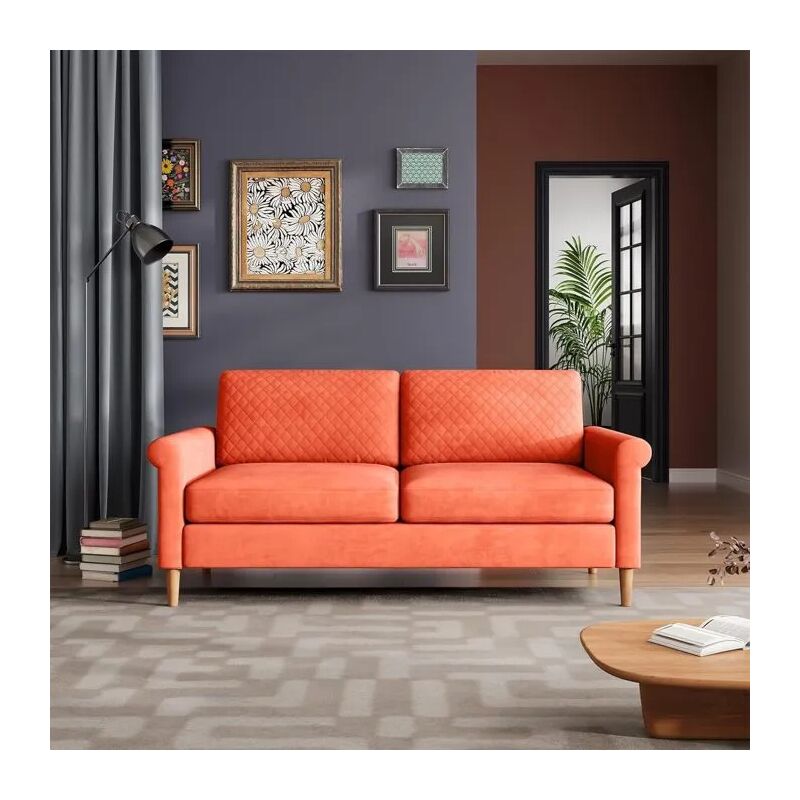 Canapé droit 2 Places Moderne en Velours,Canapé rembourré avec Poche de rangement,Pieds en Bois Massif,164 x 76 x 85 cm - Orange