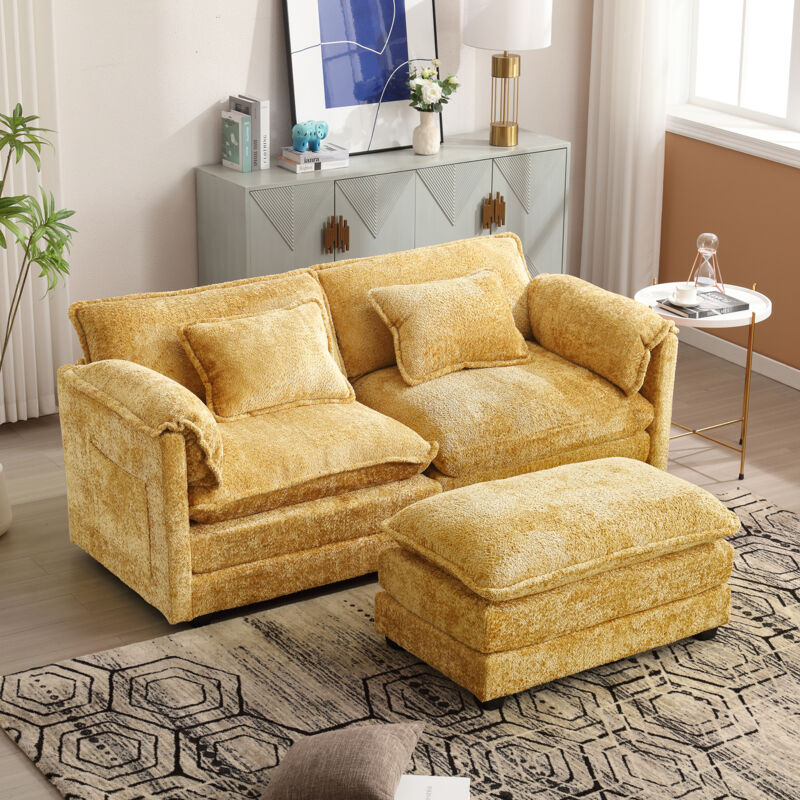 Okwish - Canapé 2 places moderne et minimaliste avec repose-pieds, tissu chenille, avec rangements latéraux et coussins, confortable et spacieux,
