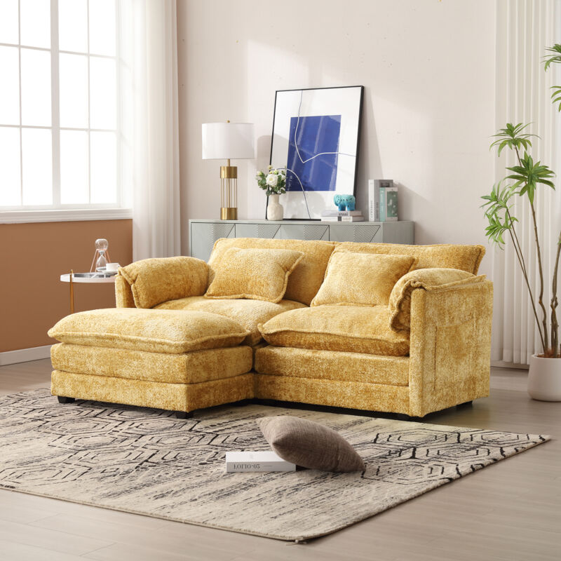 Redom - Canapé 2 places moderne et minimaliste avec repose-pieds, tissu chenille, avec rangements latéraux et coussins, confortable et spacieux,