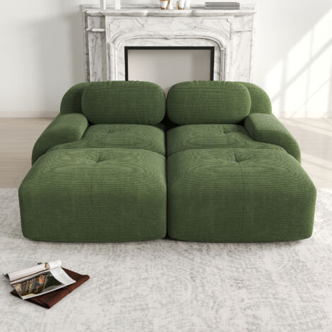 Canapé 2 Places Modulable en Velours Côtelé 208x178x75 cm – Sofa avec Méridienne Combinable, Accoudoirs Ergonomiques, Base Antidérapante et Tissu Élastique – Vert