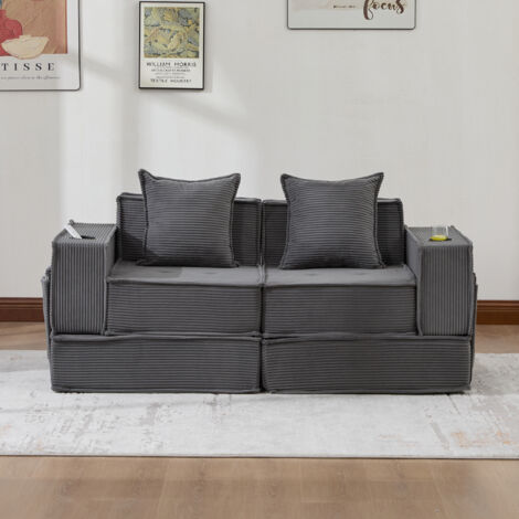 Canapé 2 places modulaire avec poches latérales et 2 coussins, 162x78x66 cm, velours côtelé  gris foncé