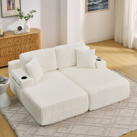 Canapé 2 places multifonctionnel en velours côtelé, Canapé-lit détente, canapé désossé, convertible, poche latérale + porte-gobelet, Beige