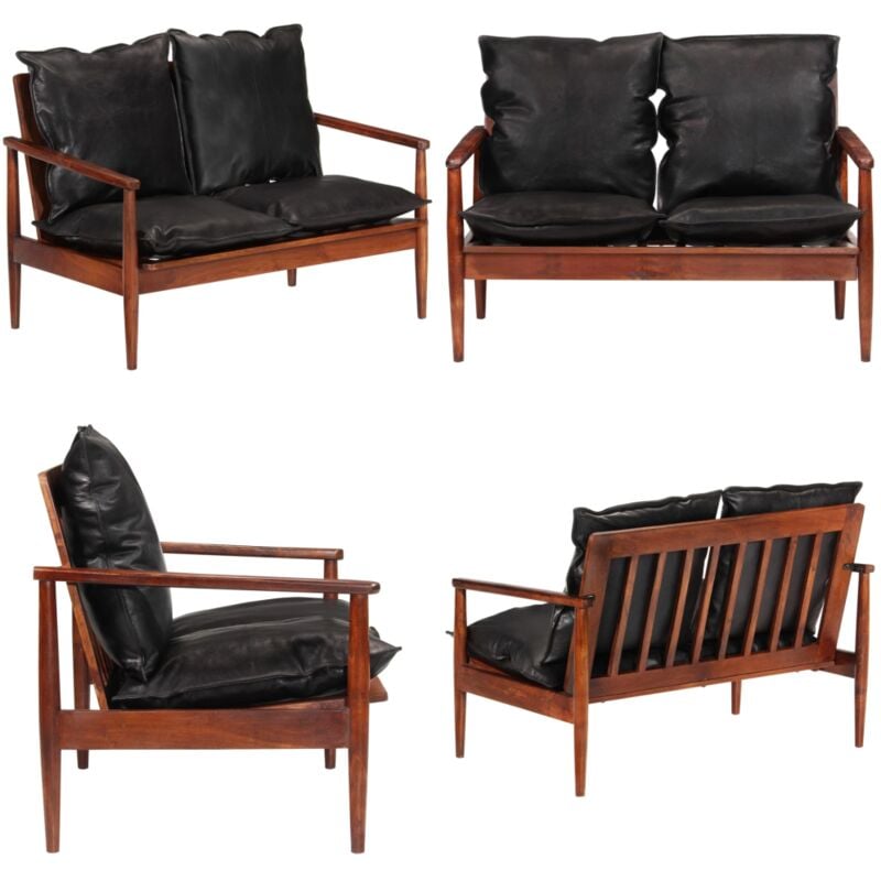 Vidaxl - Canapé 2 places noir cuir véritable et bois d'acacia solide - Canapé Deux Places - Canapé En Cuir - Canapé Vintage - Canapé Acacia - Meubles