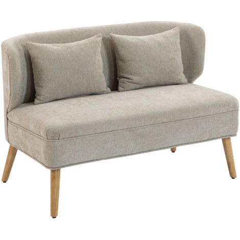 Canapé 2 places, petit canapé en chenille avec dossier à oreilles, assise épaisse, pieds en hévéa, beige