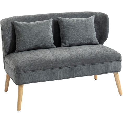 Canapé 2 places, petit canapé en chenille avec dossier à oreilles, assise épaisse, pieds en hévéa, gris