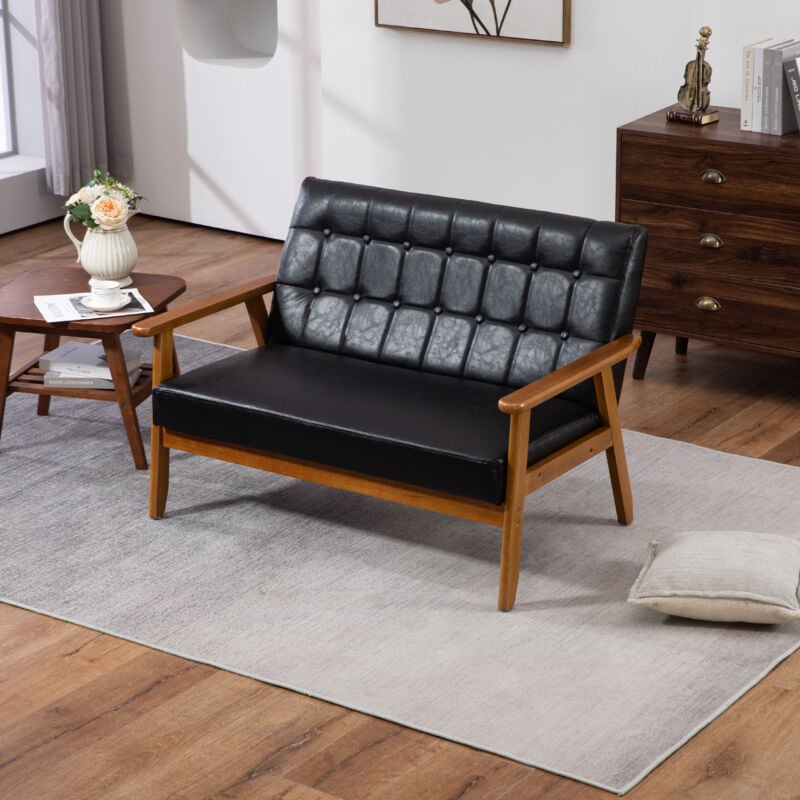 Canapé 2 places rembourré, fauteuil double, pour le salon/la chambre/le bureau/le coin détente, pu + bois, noir