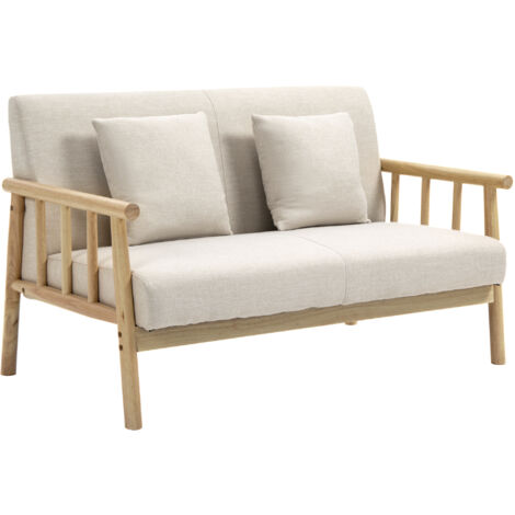 Canapé 2 places, revêtement en tissu aspect lin, compact, jusqu'à 200 kg, structure en bois, 123 x 69 x 74 cm, beige