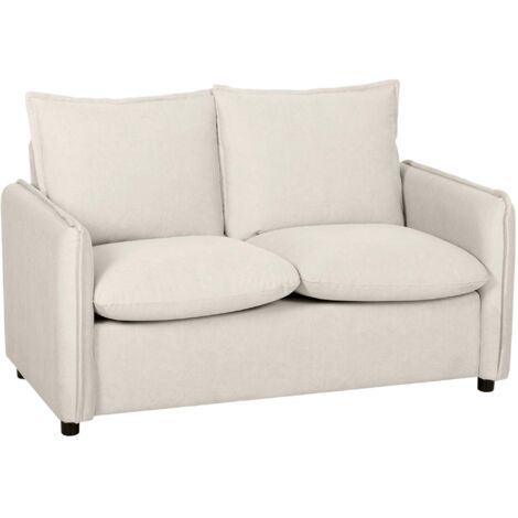 Canapé 2 places revêtu d'un tissu respirant effet cuir, rembourrage épais, 2 coussins, accoudoirs, pour salon, couleur crème