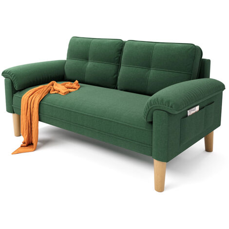Canapé 2 Places Scandinave Bealife avec 2 Coussins de Dossier et 2 Coussins d'accoudoirs Revêtement en Tissu Structure en Bois pour Salon Chambre 144 x 77 x 77 cm Vert