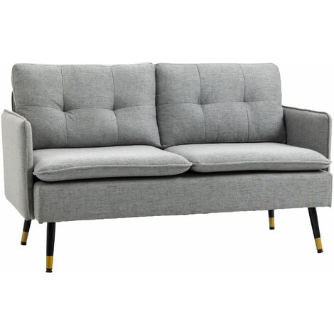 HOMCOM Canapé 2 places style art-déco dossier effet capitonné piètement incliné effilé métal noir extrémités dorées tissu gris
