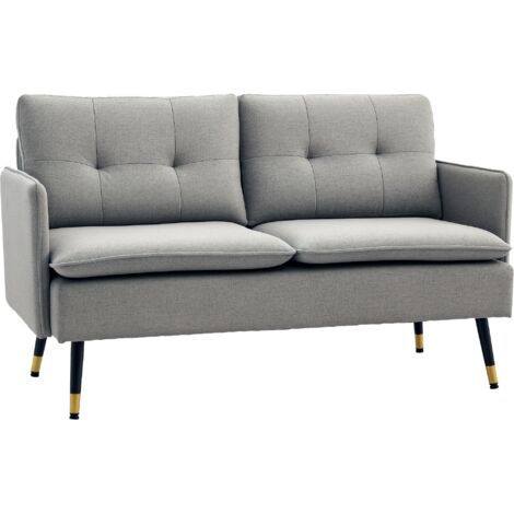 Canapé 2 Places, Tissu Effet Lin, Accoudoirs, Coussins Rembourrés, Pieds Acier, 139 x 68 x 80 cm, Gris