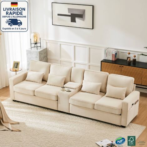 Canapé 290x83x88 cm 4 places avec console, 2 porte-gobelets, poches d'accoudoirs et 4 coussins, USB, lin, beige