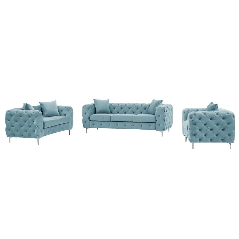 Vente-unique - Canapé 3 places, 2 places et fauteuil chesterfield en velours bleu pastel edwina