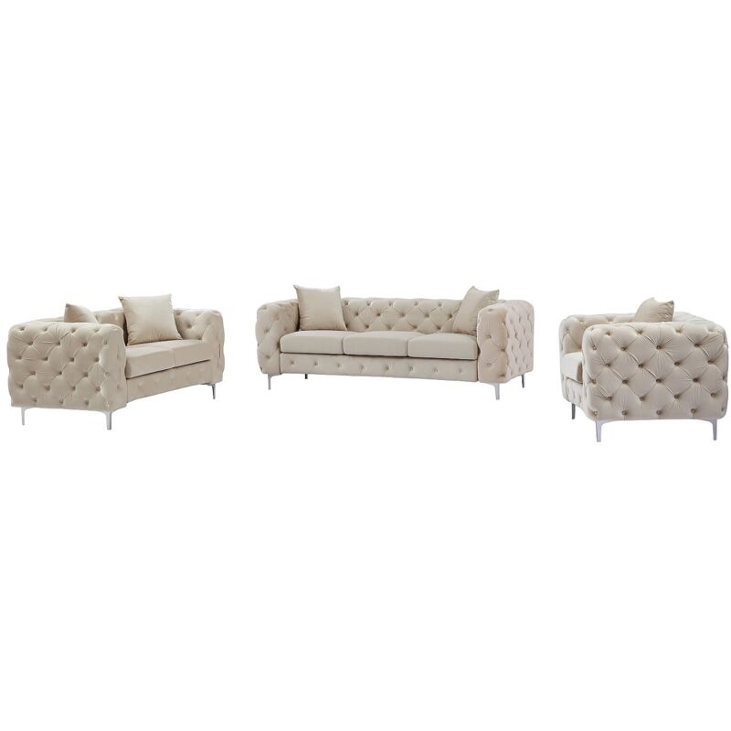 Canapé 3 places, 2 places et fauteuil chesterfield en velours beige EDWINA