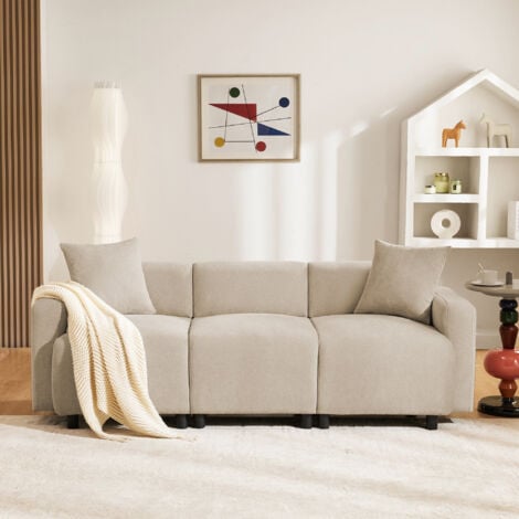 FORTUNA LAI Canapé 3 places 211x67x71cm, canapé droit rembourrés avec coussins pour salon, design moderne, beige
